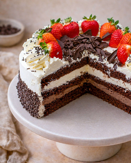 Casanova Gateau with chocolate sponge, fresh cream, strawberries, and chocolate flakes on a cake stand.