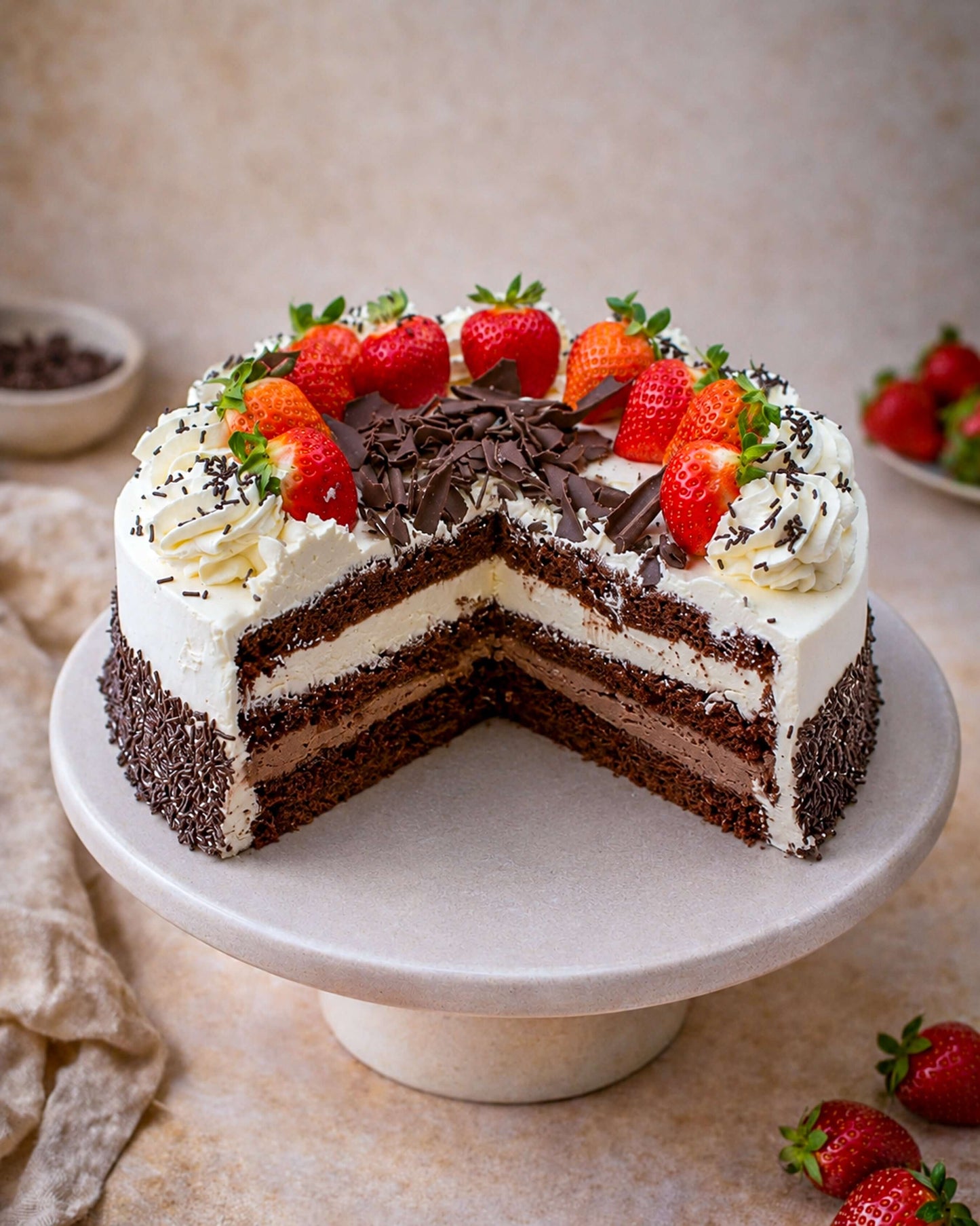 Casanova Gateau with chocolate sponge, fresh cream, strawberries, and chocolate flakes, showcased with a slice removed.
