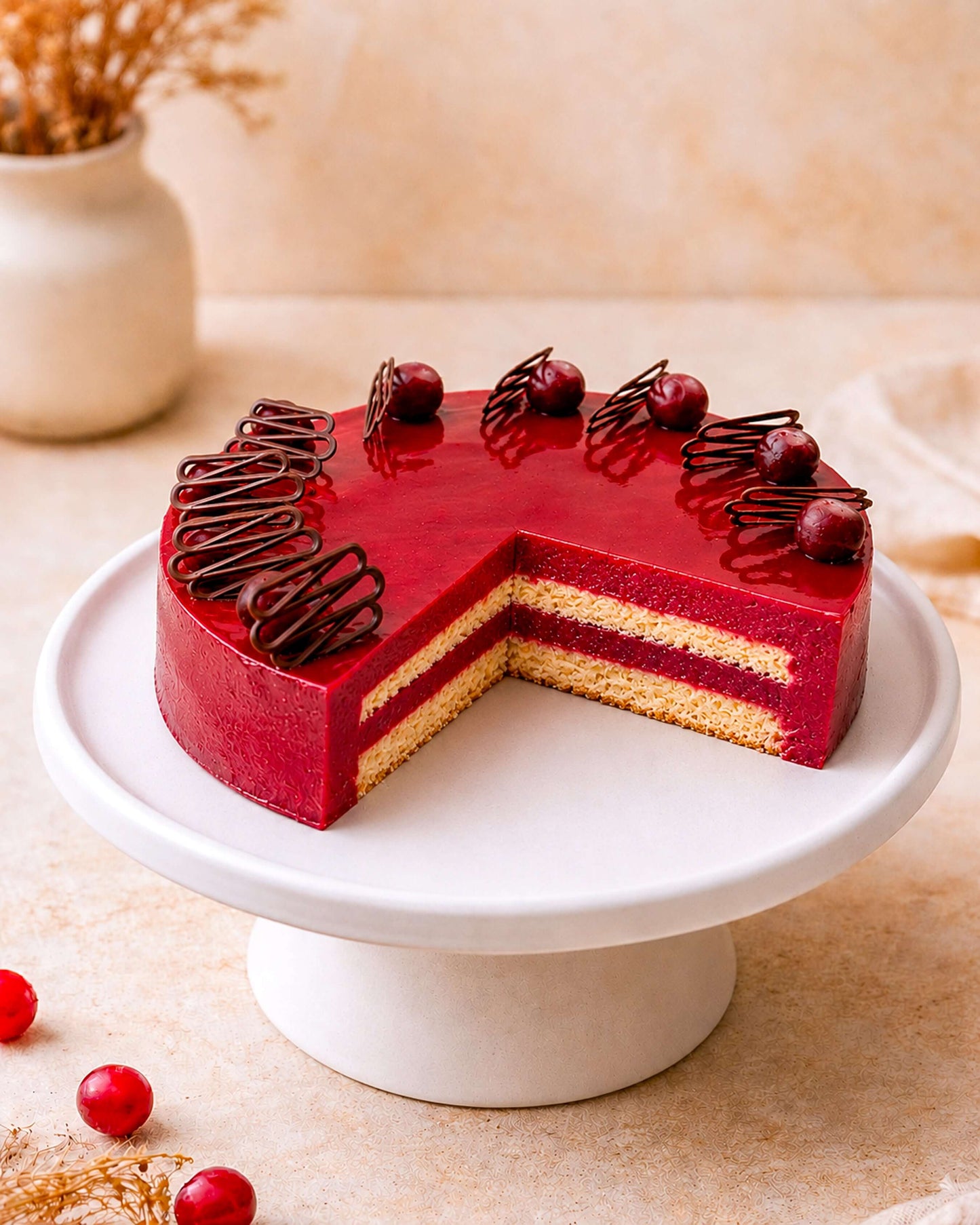 Cassis mousse dessert on a white cake stand, featuring layers of mousse and garnished with chocolate swirls and berries.
