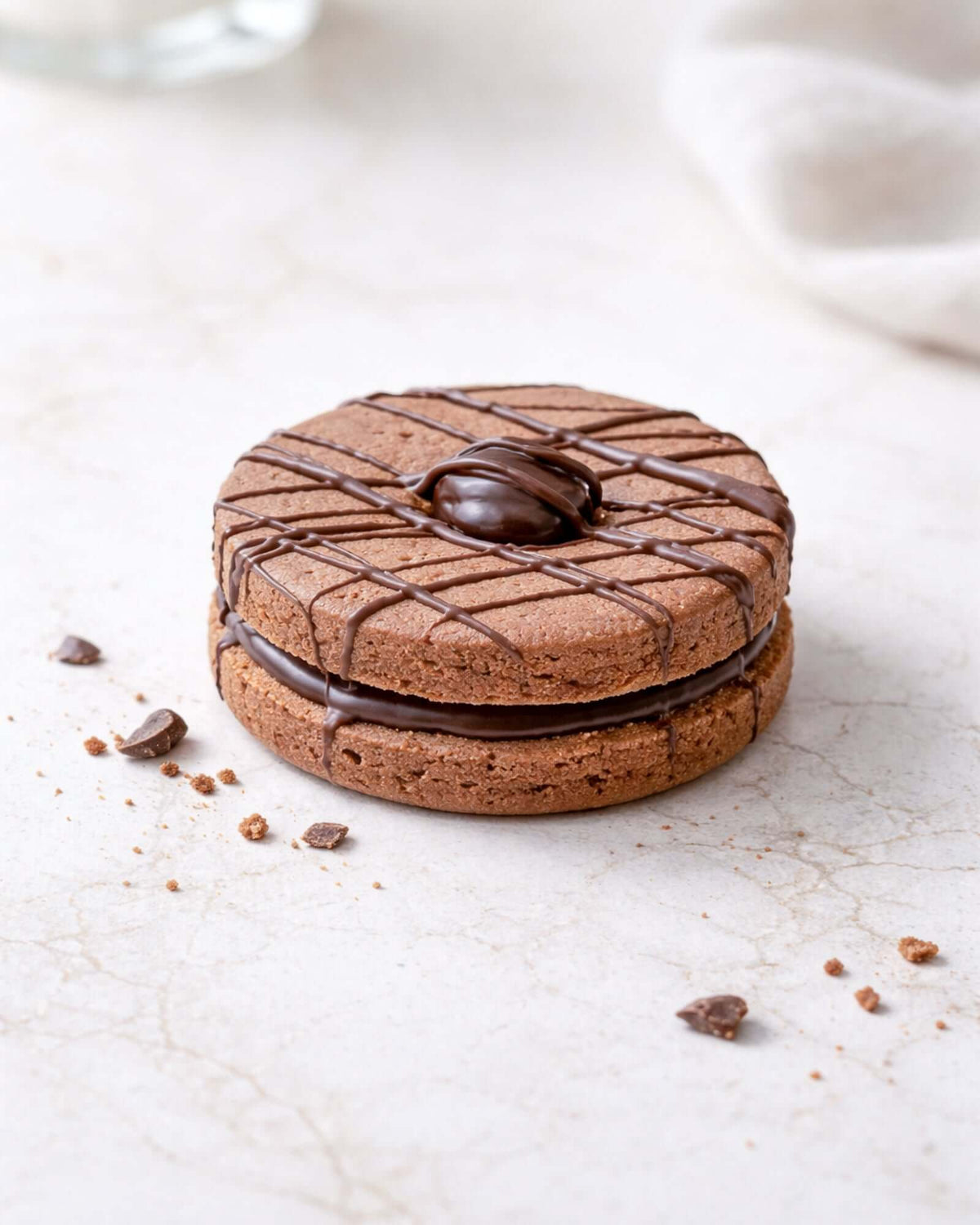 Chocolate Dodger with chocolate filling and decorative drizzle on top, placed on a marble surface.