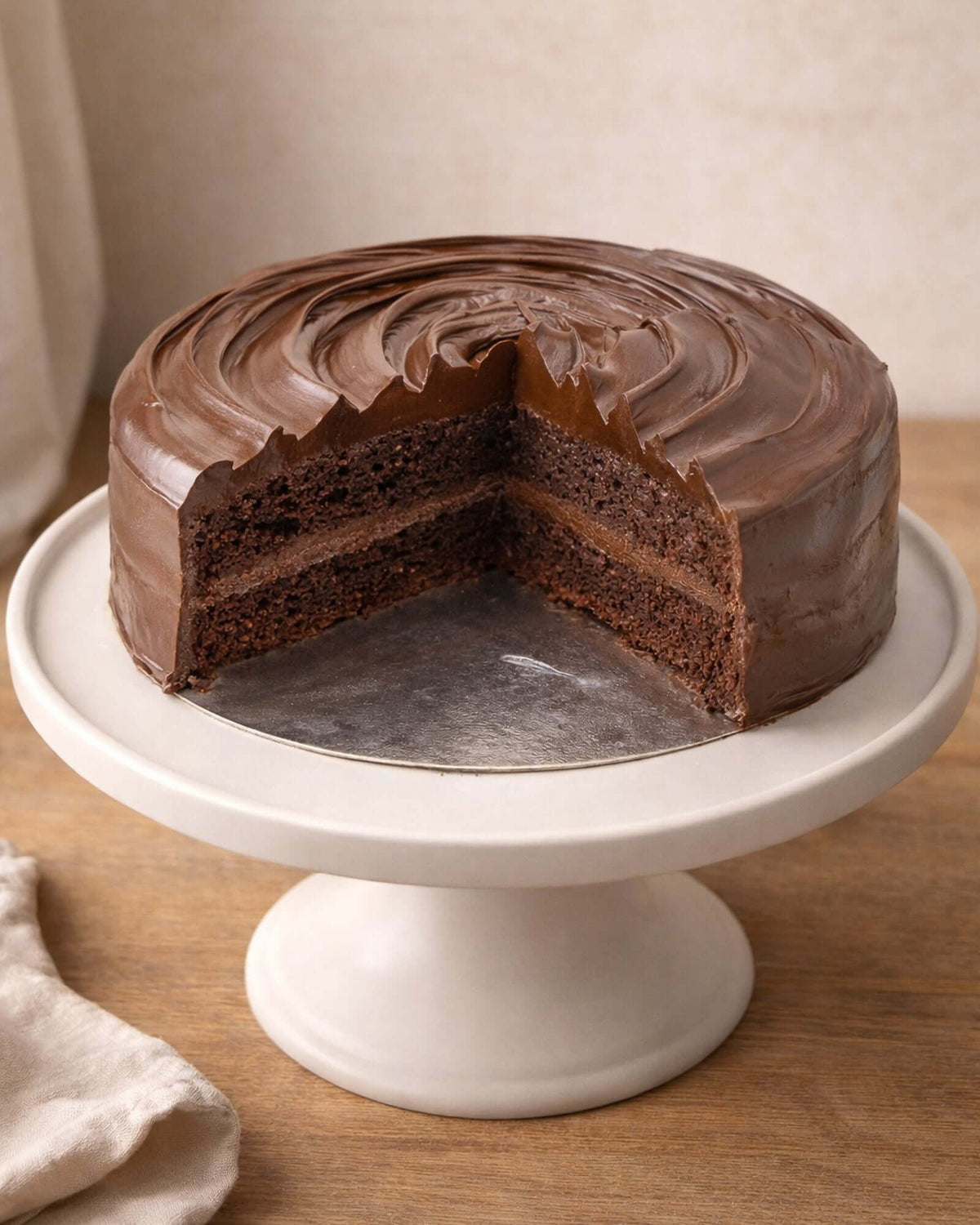 Chocolate Fudge Gateau on a cake stand, showcasing moist dark chocolate layers with rich fudge frosting.