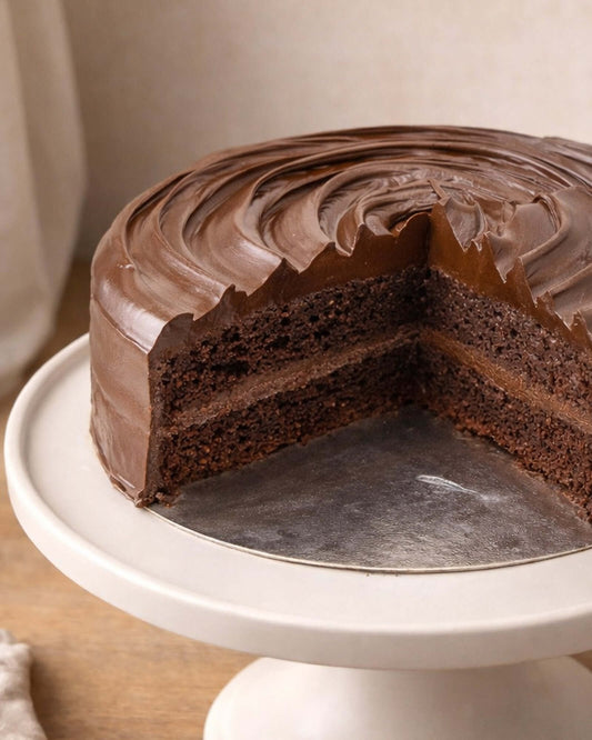 Delicious Chocolate Fudge Gateau with moist dark chocolate sponge and rich fudge layer.