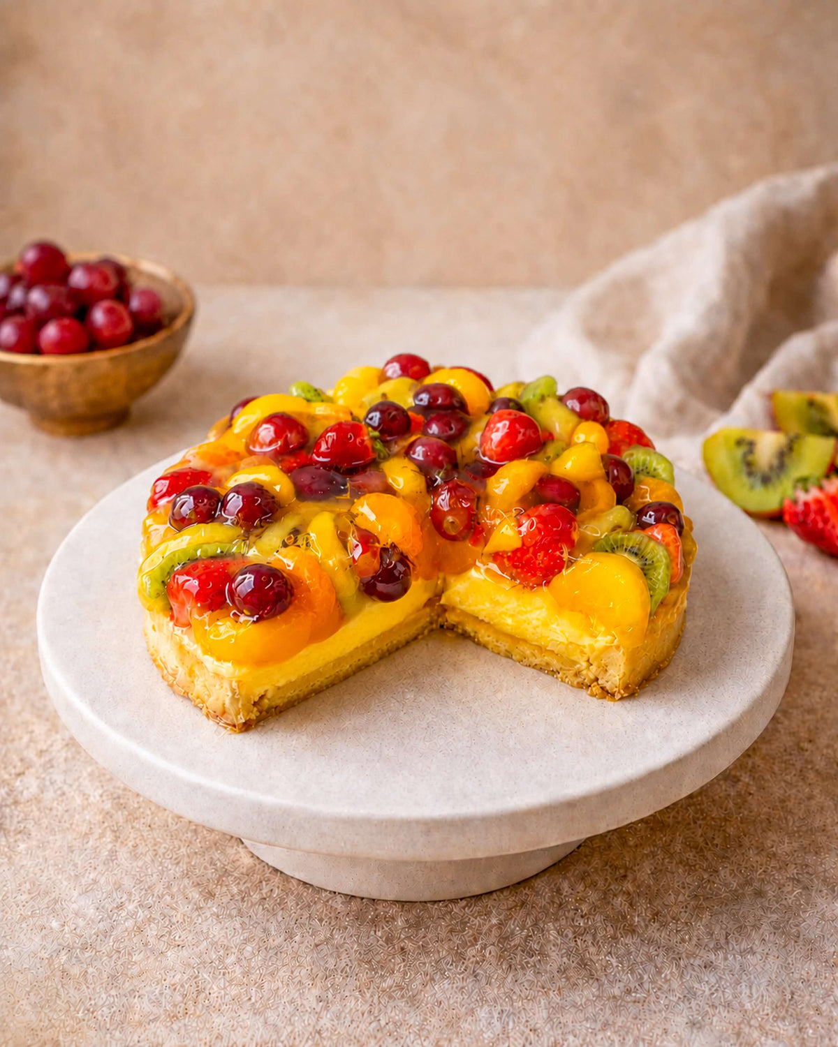 Fruit flan on a cake stand with colorful fruits, showcasing a creamy custard filling and crispy pastry base.