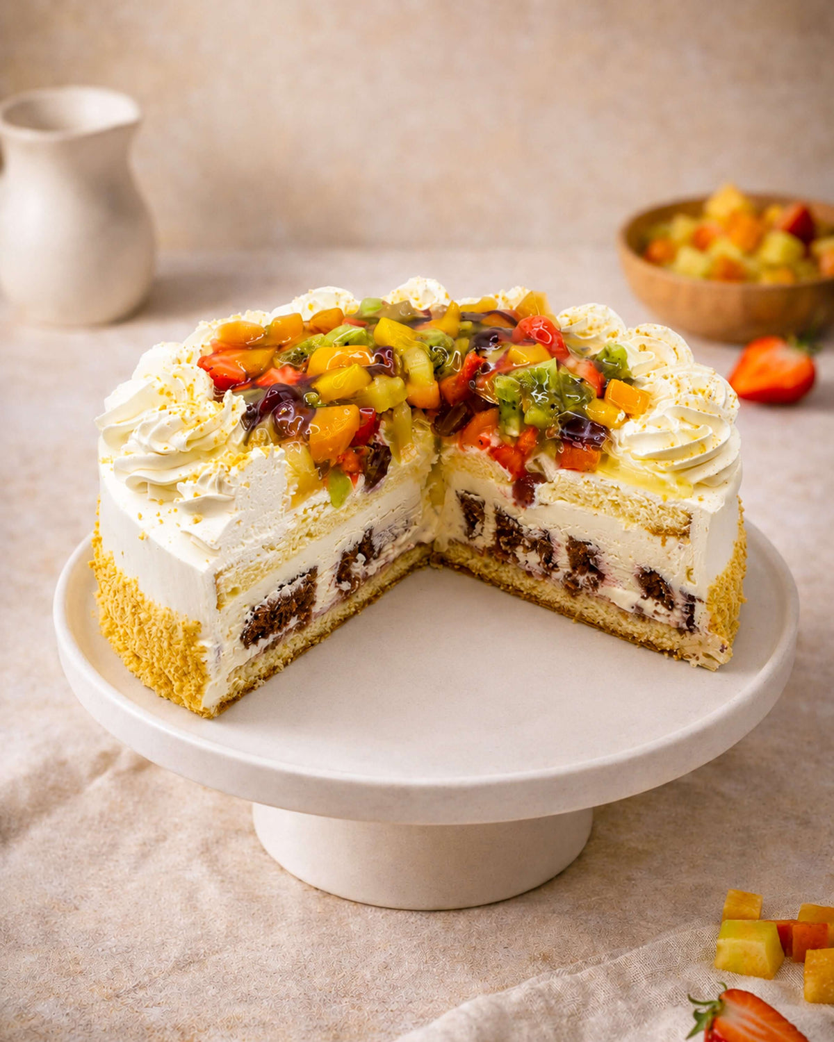Mixed Fruit Gateau with fresh fruit topping on a cake stand, showcasing layers of cream and sponge.