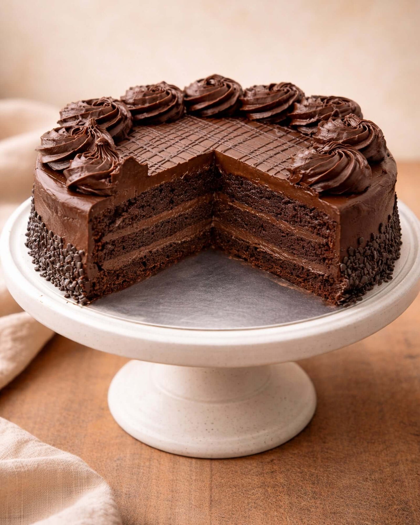 Rich Chocolate Gateau on a white cake stand, showcasing decadent layers of chocolate fudge sponge and creamy filling.