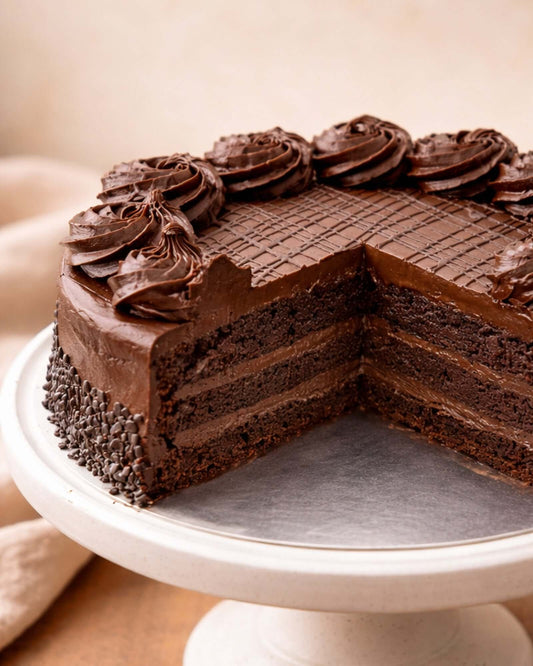 Rich Chocolate Gateau with layers of chocolate fudge sponge and creamy chocolate coating on a cake stand.
