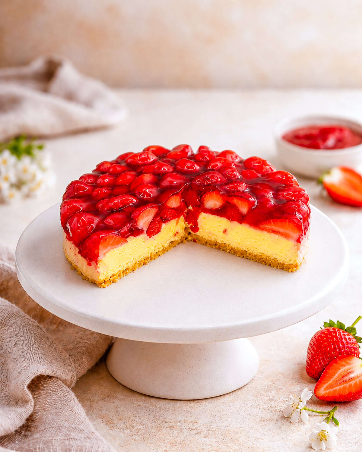 Strawberry Flan with a golden sponge base, filled with crème pâtissière and fresh strawberries on a cake stand.