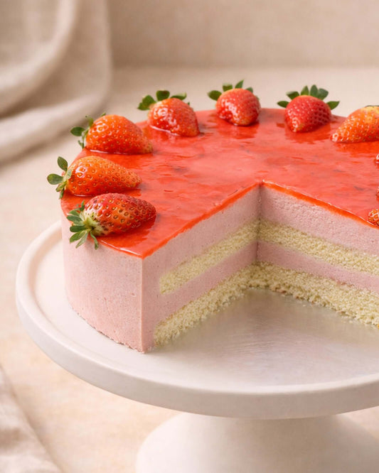 Delicious strawberry mousse cake with fresh strawberries on top, showcasing layers of mousse and sponge base.