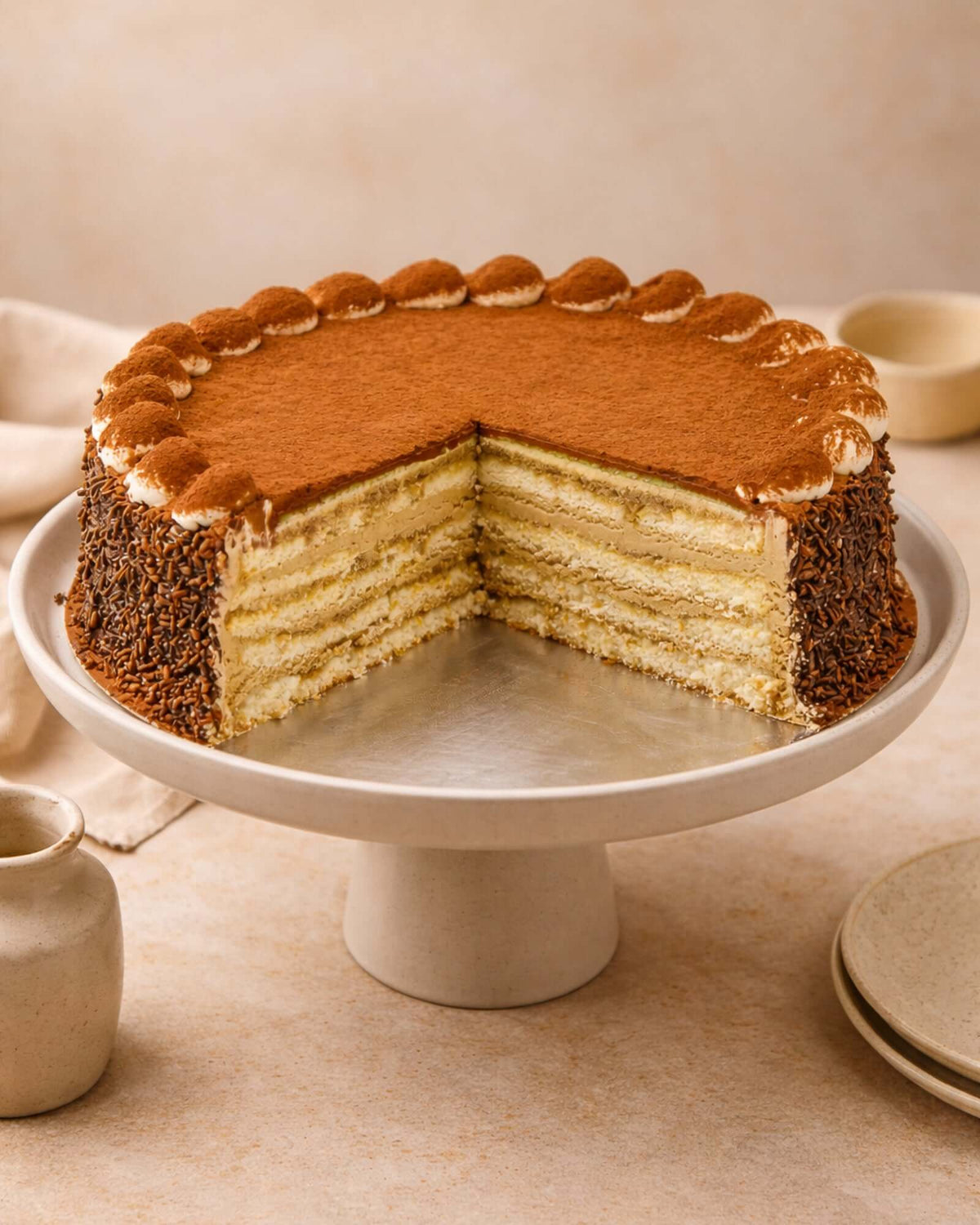 Delicious Tiramisu Gateau showcasing layers of sponge and mascarpone, served on a cake stand.