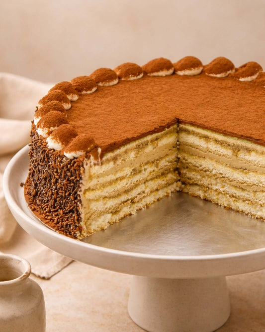 Tiramisu Gateau on a serving dish showcasing layers of vanilla sponge and mascarpone topped with cocoa powder.