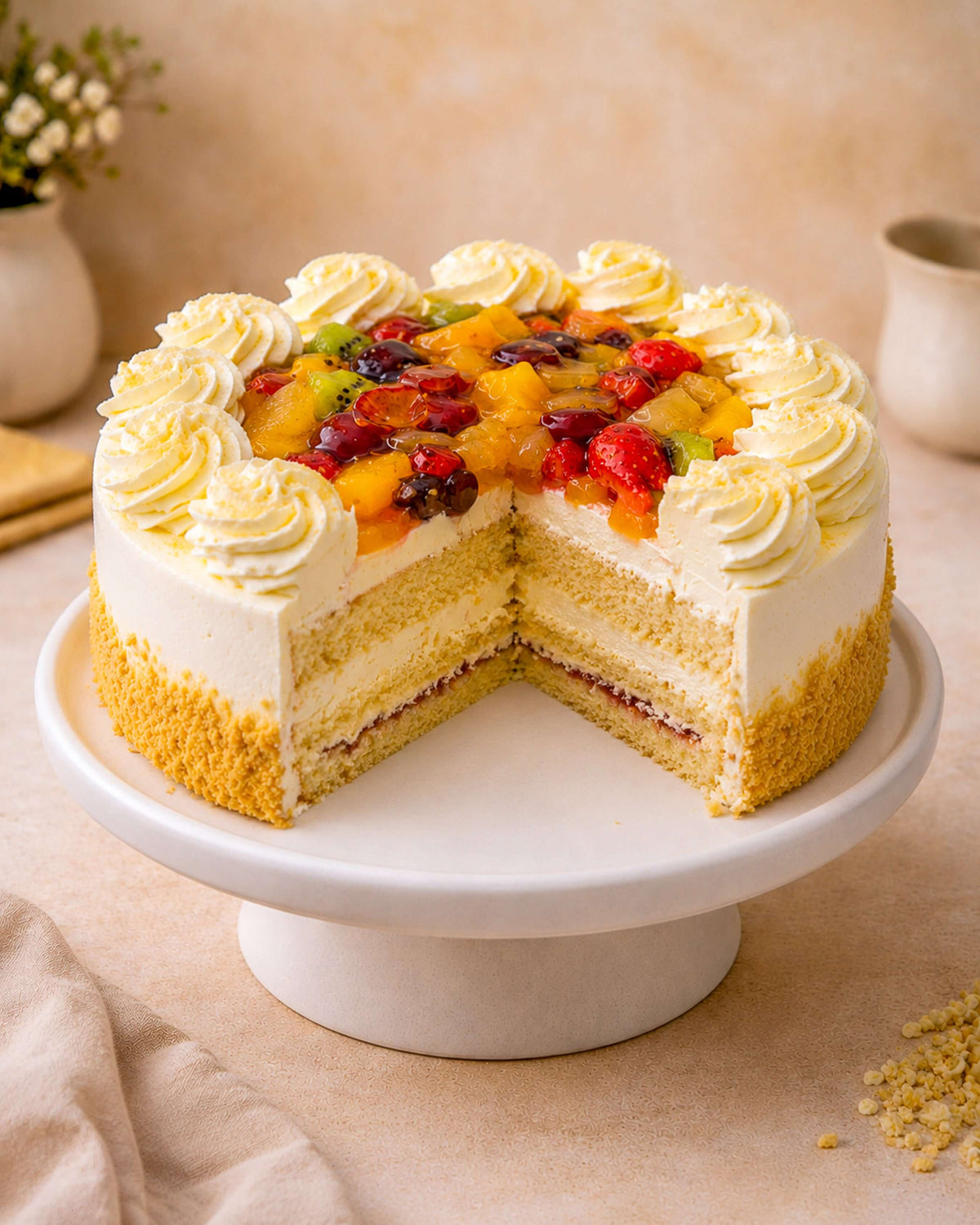 Tutti Frutti Gateau featuring layers of vanilla sponge, chocolate Swiss roll, and topped with colorful mixed fruits.