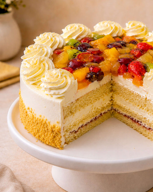 Tutti Frutti Gateau with vibrant fruit topping, perfect for celebrations, showcasing layers of vanilla sponge and cream.