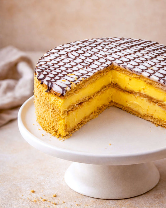 Mille Feuille Gateau with layers of cream and custard, topped with fondant and chocolate drizzle on a white cake stand.